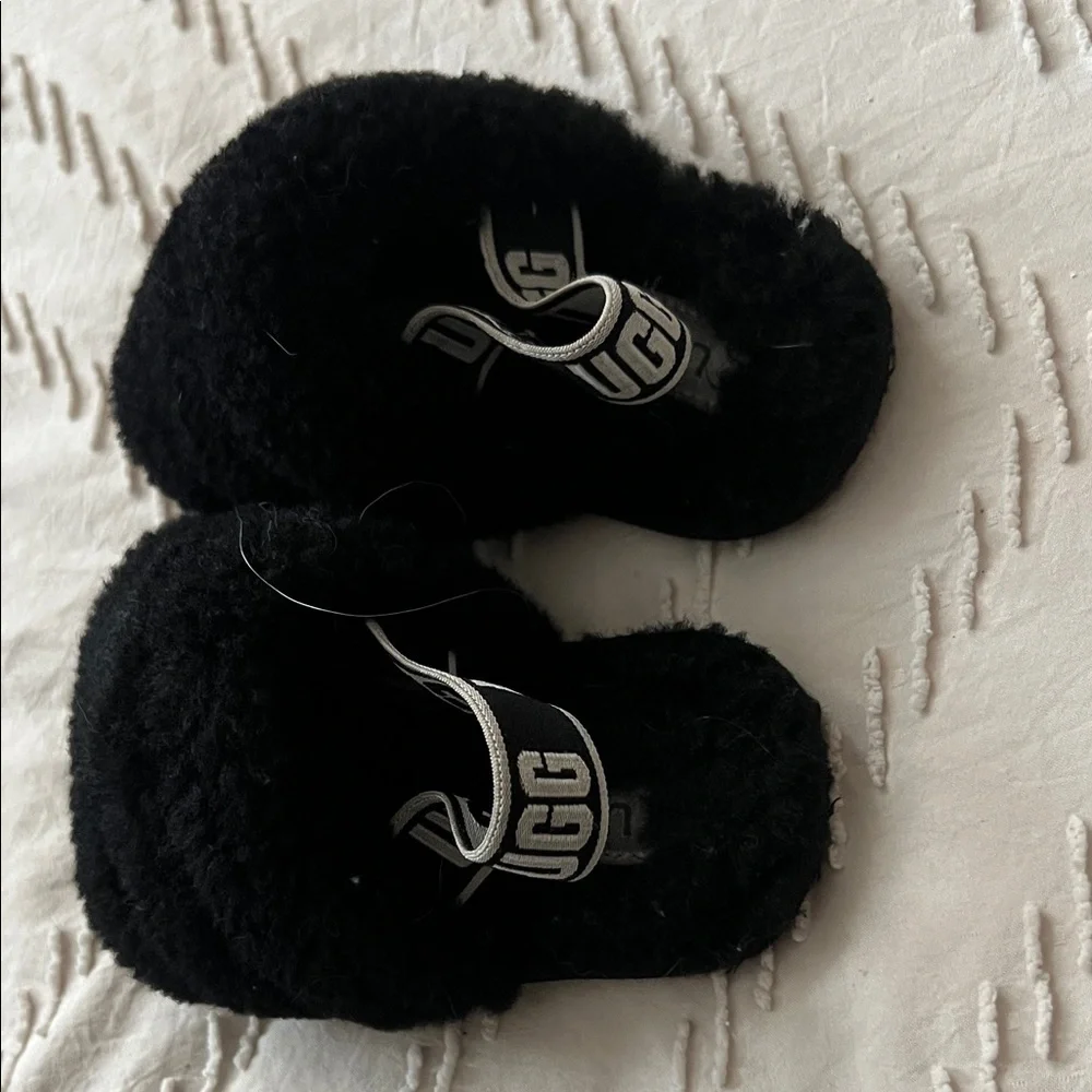 UGG Kids Black Fluffy Slippers